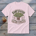 Pink t-shirt with a "Ramp Season" graphic featuring onions and leaves.