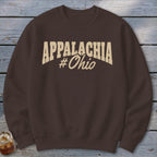 Brown sweatshirt with "APPALACHIA #Ohio" text in cream color.