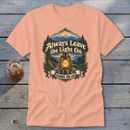 Peach t-shirt with "Always Leave the Light On Come On In" text and lantern graphic.