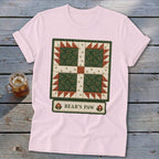 Pink t-shirt with a quilt block design labeled "BEAR'S PAW".