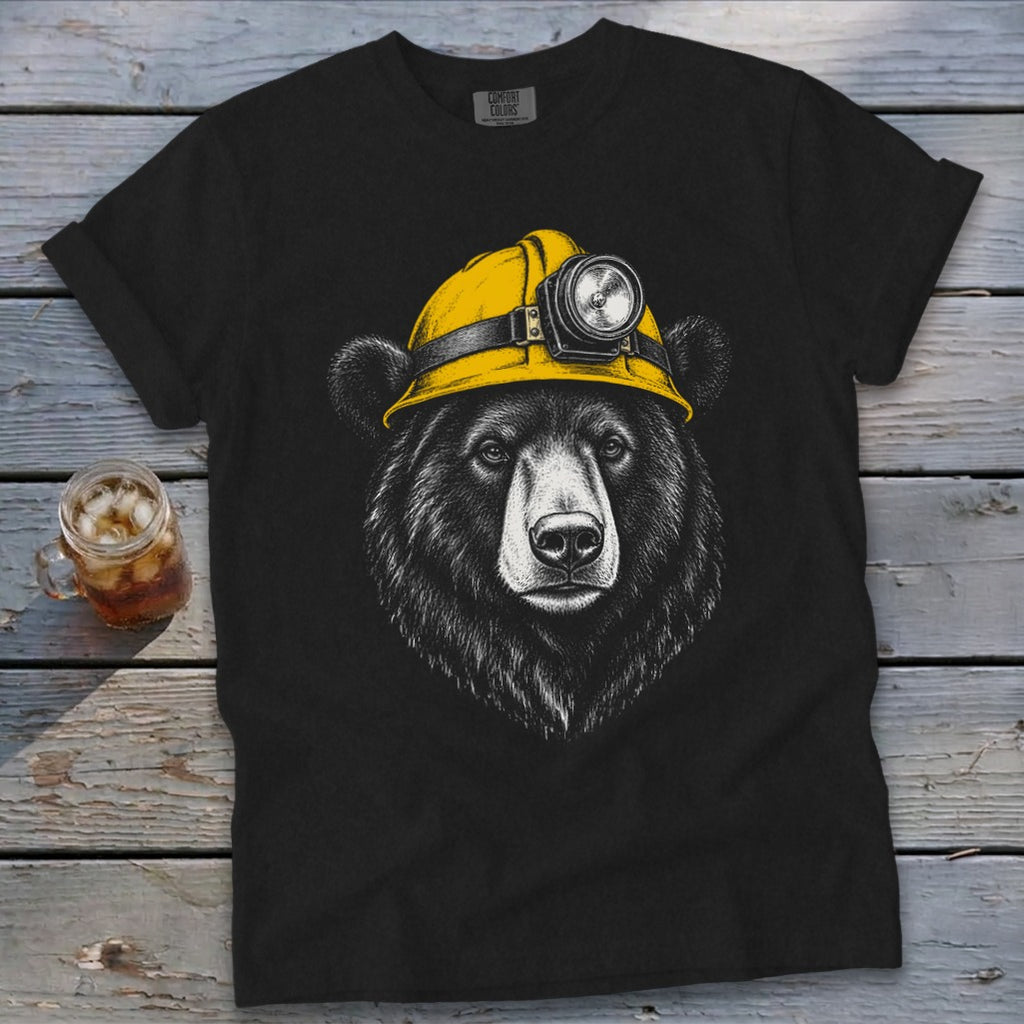 Black t-shirt with a black bear wearing a yellow hard hat with a headlamp.