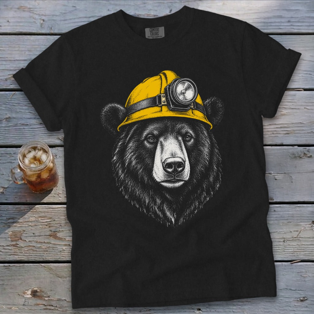 Black t-shirt with a black bear wearing a yellow hard hat with a headlamp.