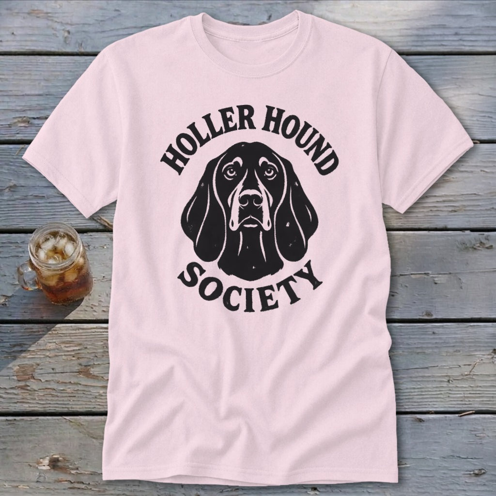 Pink t-shirt with black "Holler Hound Society" text and dog graphic.