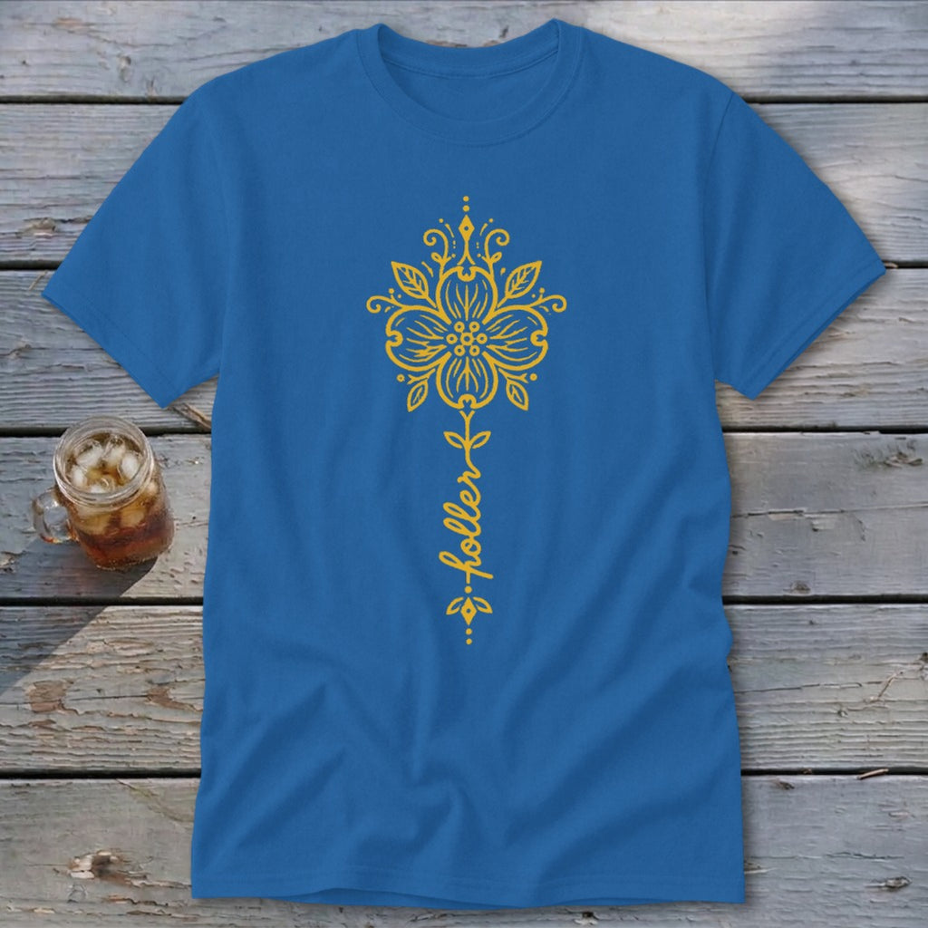 Blue t-shirt with yellow floral design and the word "foller".