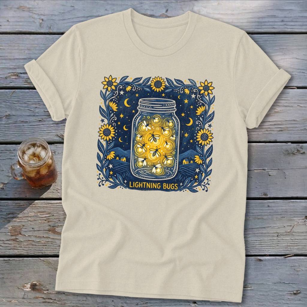 Cream t-shirt with a jar filled with lightning bugs and the text "Lightning Bugs".