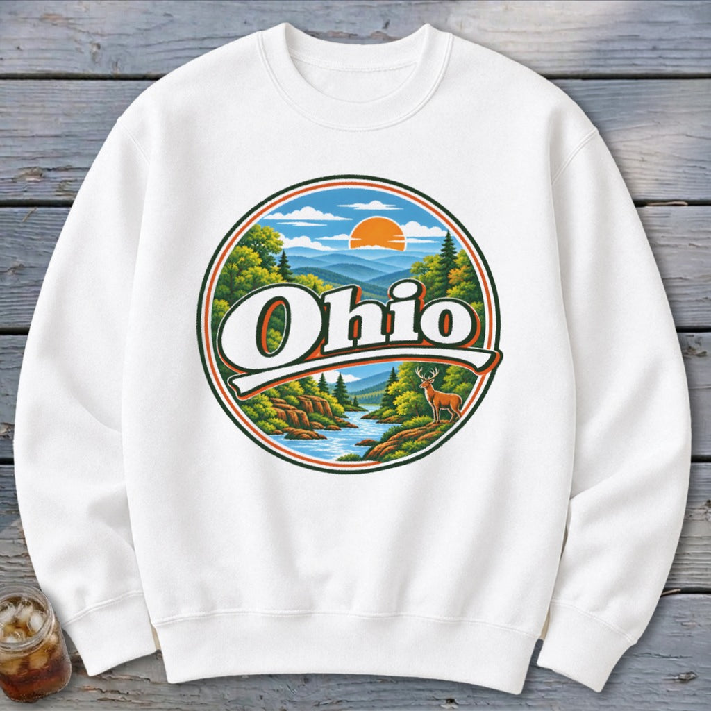 White sweatshirt with a circular graphic featuring the word "Ohio" and a natural landscape.