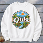 White sweatshirt with a circular graphic featuring the word "Ohio" and a natural landscape.
