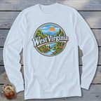 White long-sleeve shirt with a circular West Virginia mountain and river graphic.