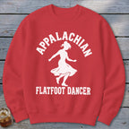 A red crewneck sweatshirt featuring a white graphic of a dancing woman and text reading Appalachian Flatfoot Dancer.