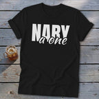 Black t-shirt with white text "NARY a one" and a glass of iced drink.