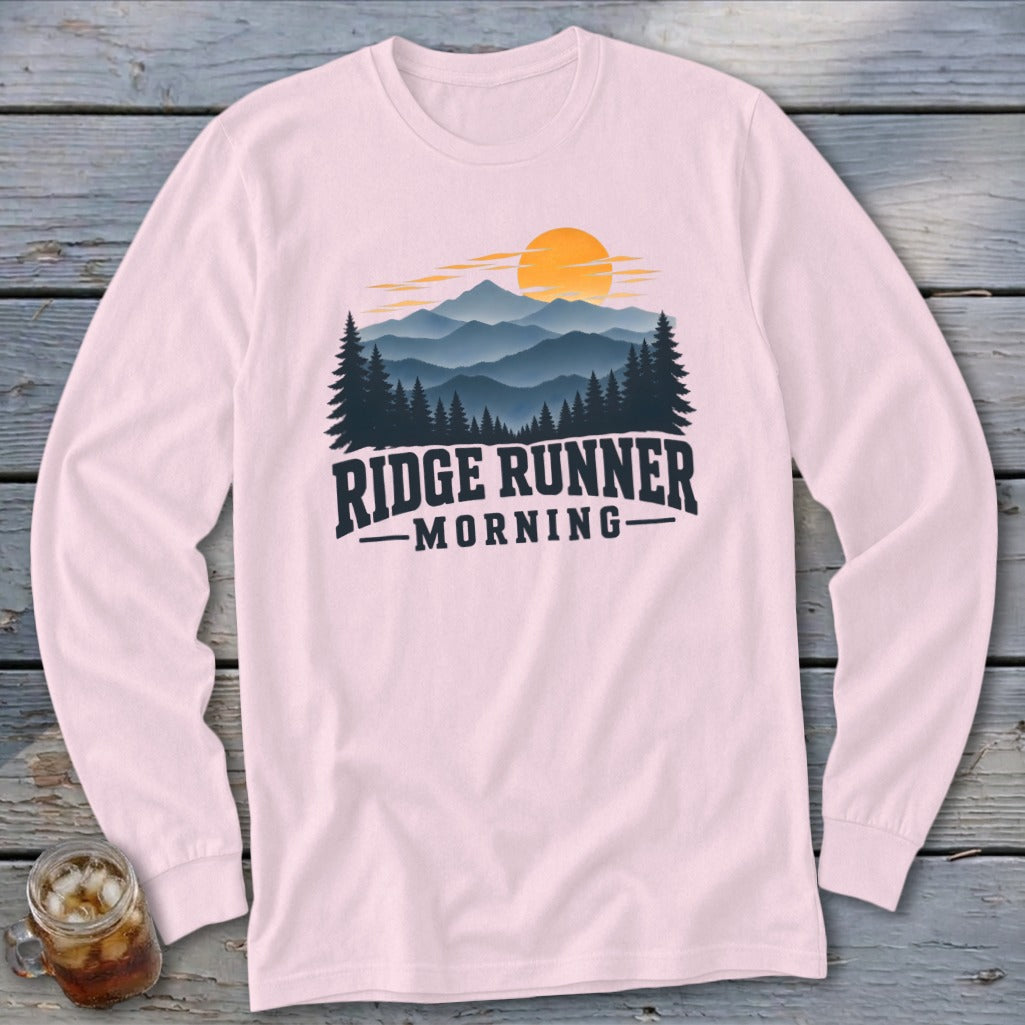 Light pink long sleeve shirt with "Ridge Runner Morning" and mountain graphic.