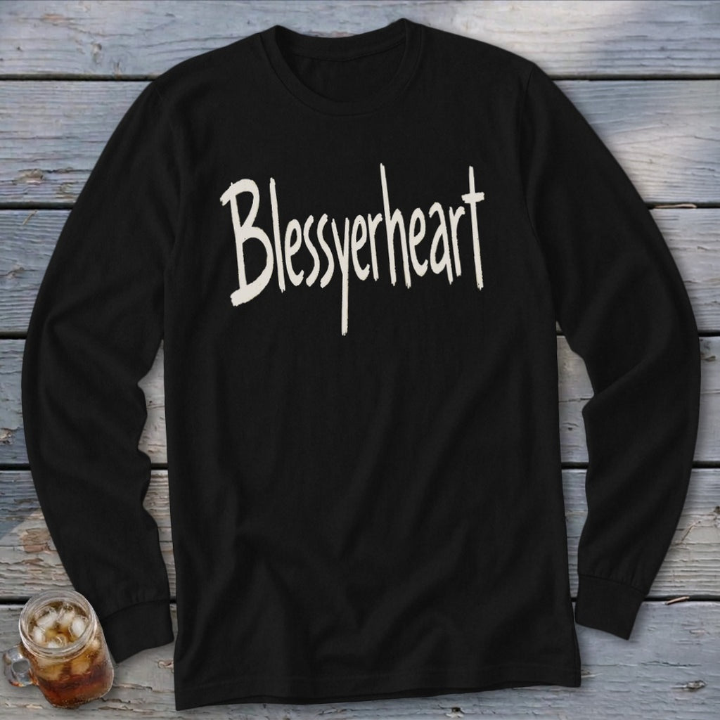 Black long-sleeve shirt with "Blessyerheart" text in off-white, handwritten font.