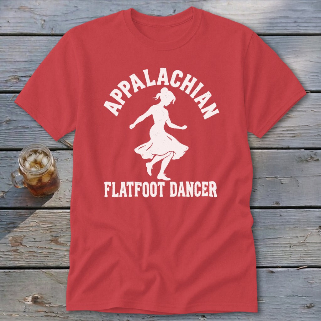 Red short-sleeved t-shirt with a white graphic of a female dancer and the text Appalachian Flatfoot Dancer.