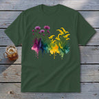 Dark green t-shirt with watercolor floral and dripping paint design.