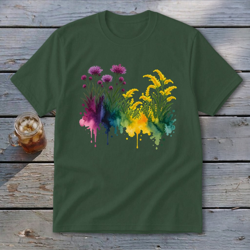 Dark green t-shirt with watercolor floral and dripping paint design.