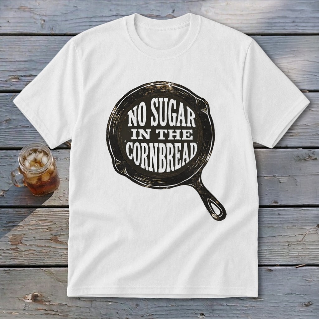 White t-shirt with "No Sugar In The Cornbread" text inside a cast iron skillet graphic.
