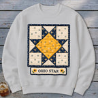 Light gray sweatshirt with a yellow and blue Ohio Star quilt design and text.