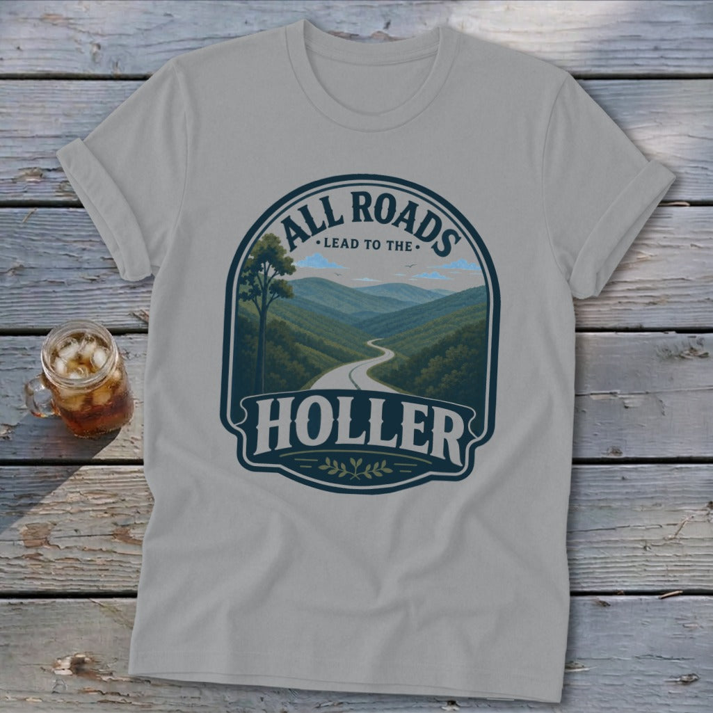 Gray t-shirt with "All Roads Lead To The Holler" mountain landscape design.