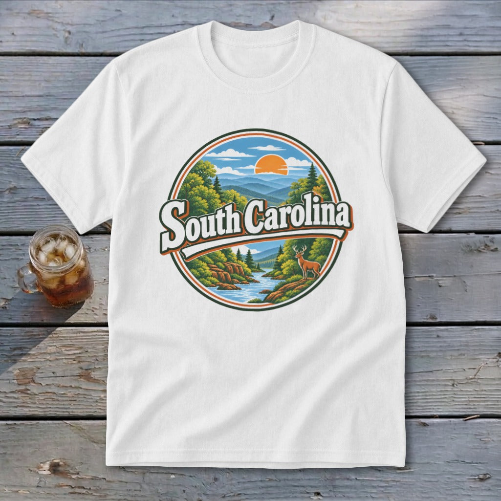 White t-shirt with a circular South Carolina landscape graphic featuring mountains, river, trees, and a deer.