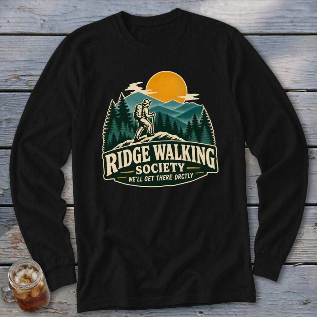 Long sleeve shirt with Ridge Walking Society graphic featuring a hiker on a mountain.
