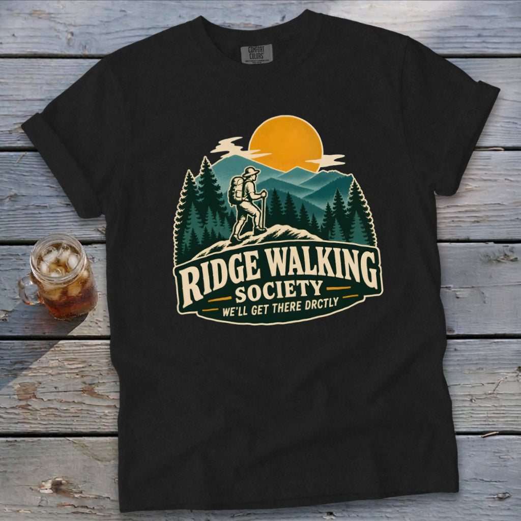 Black t-shirt with "Ridge Walking Society" logo featuring a hiker on a mountain.