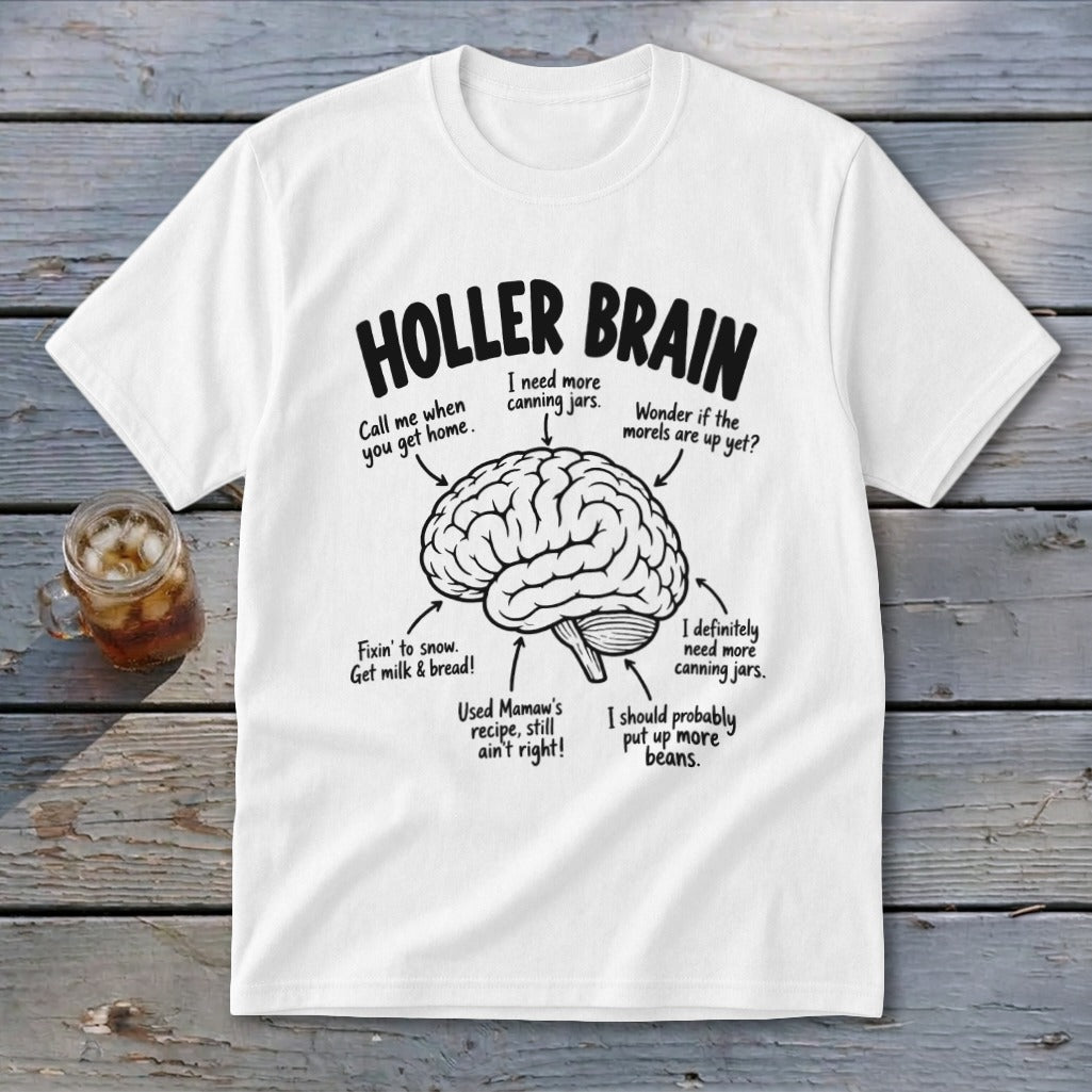 White t-shirt with "HOLLER BRAIN" text and a diagram of a brain with funny captions.