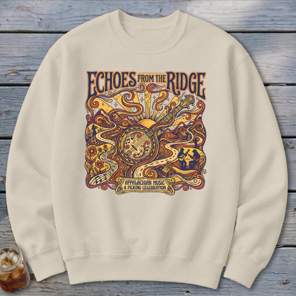 Cream sweatshirt with "Echoes From the Ridge" Appalachian Music & Picking Celebration graphic.