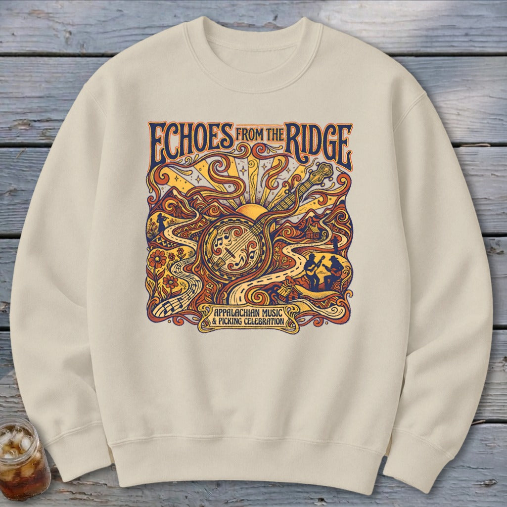 Cream sweatshirt with "Echoes From the Ridge" Appalachian Music & Picking Celebration graphic.