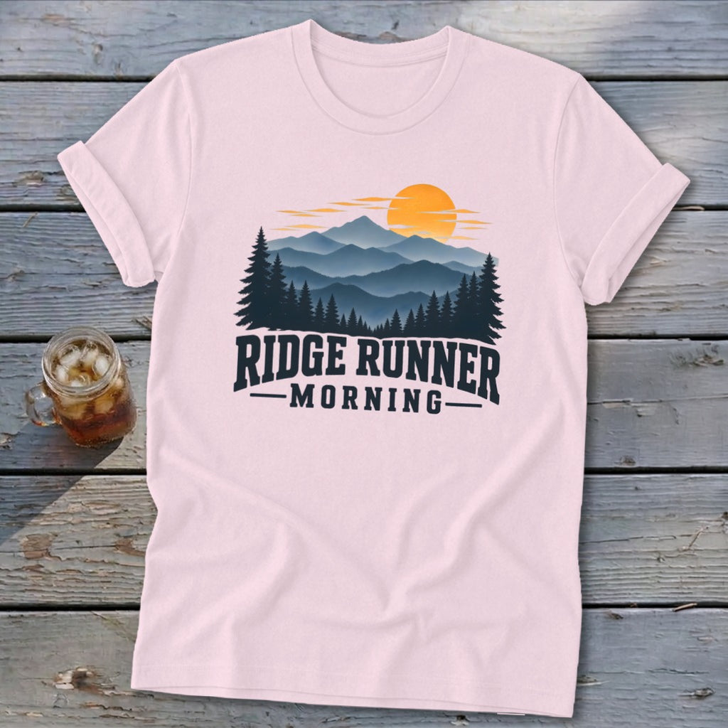 Pink t-shirt with "Ridge Runner Morning" text and mountain sunrise graphic.