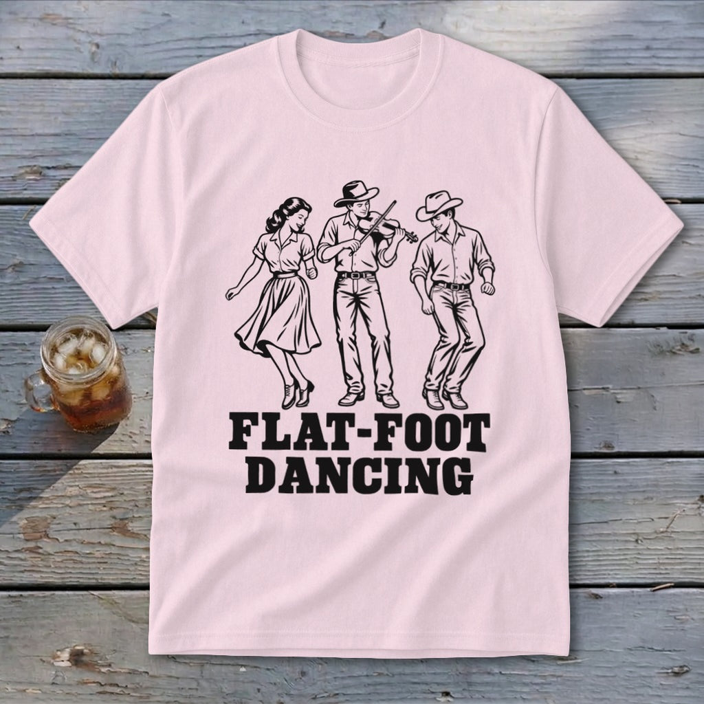 Pink t-shirt with black graphic of three people dancing and "FLAT-FOOT DANCING" text.