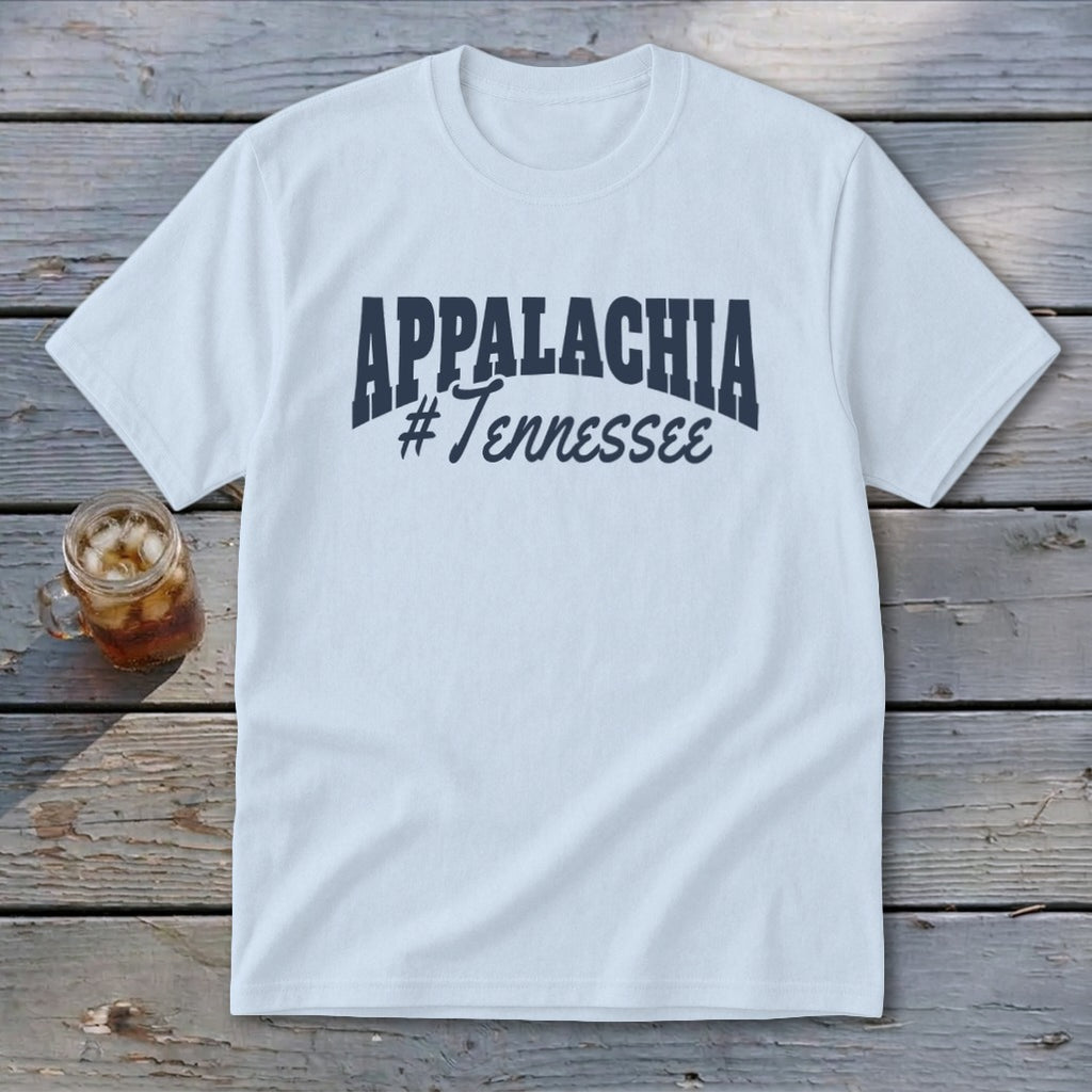 White t-shirt with navy blue text that reads "APPALACHIA #Tennessee".