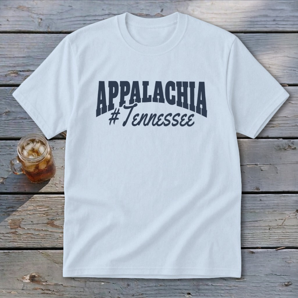 White t-shirt with navy blue text that reads "APPALACHIA #Tennessee".