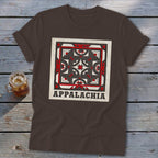 Brown t-shirt featuring a red, black, and white Appalachian quilt block graphic with the text Appalachia.