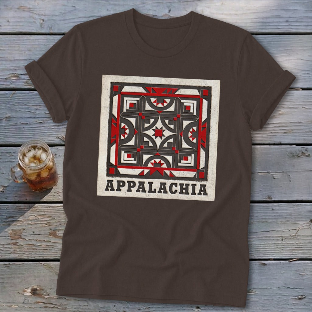 Brown t-shirt featuring a red, black, and white Appalachian quilt block graphic with the text Appalachia.