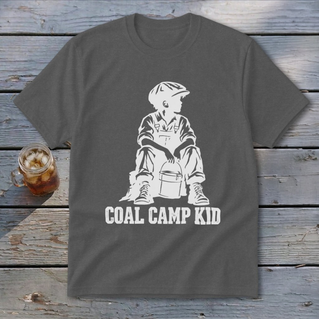 Dark gray t-shirt with white "Coal Camp Kid" graphic and silhouette of a boy with a bucket.