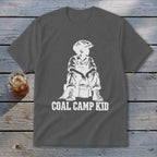 Dark gray t-shirt with white "Coal Camp Kid" graphic and silhouette of a boy with a bucket.