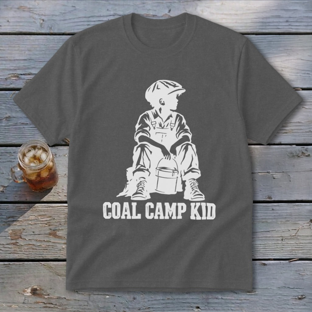Dark gray t-shirt with white "Coal Camp Kid" graphic and silhouette of a boy with a bucket.