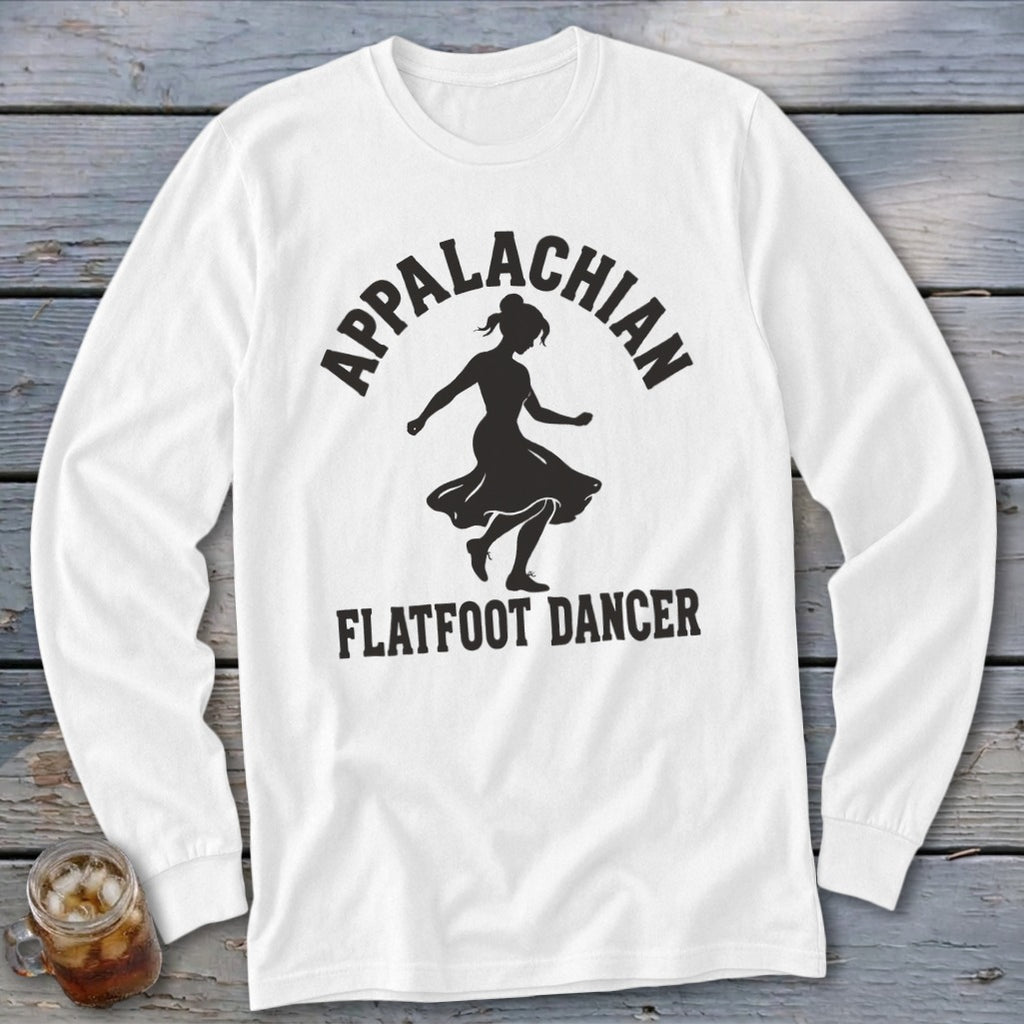 White long-sleeved t-shirt featuring a black silhouette of a female dancer and the text Appalachian Flatfoot Dancer.