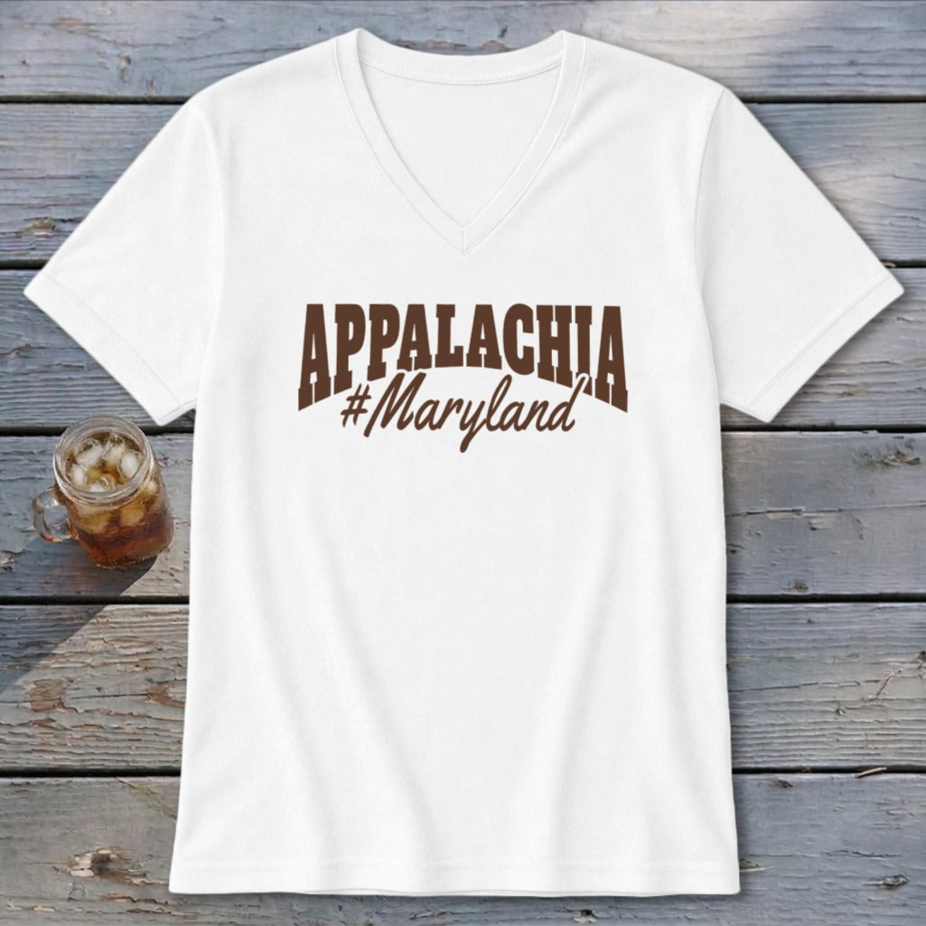 White v-neck t-shirt with brown text reading "APPALACHIA #Maryland".
