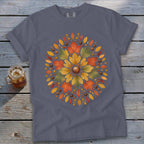Gray t-shirt with a circular autumn leaf and acorn design.