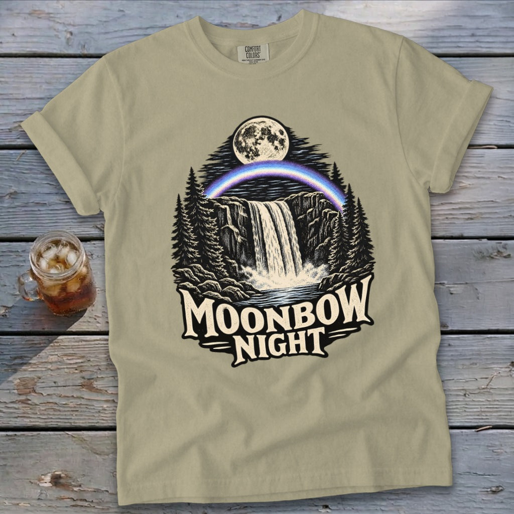 T-shirt with moonbow and waterfall graphic that reads "Moonbow Night".