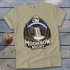 T-shirt with moonbow and waterfall graphic that reads "Moonbow Night".