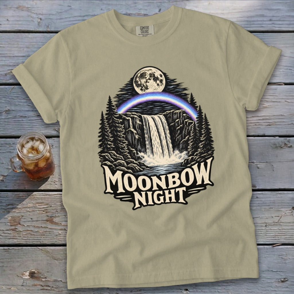 T-shirt with moonbow and waterfall graphic that reads "Moonbow Night".