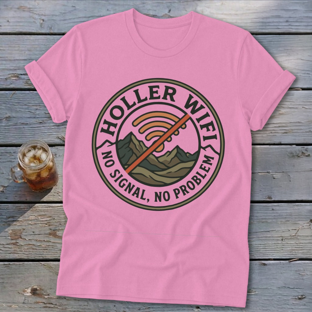 Pink t-shirt with "Holler Wifi" and a no signal icon over mountains.