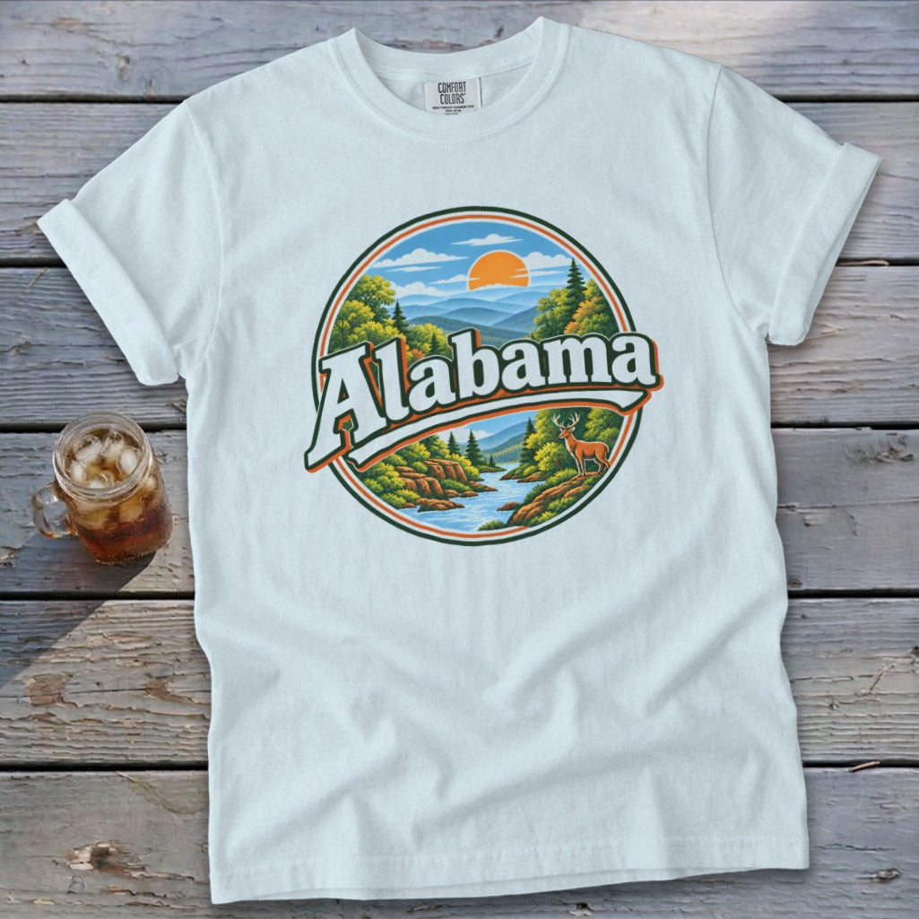 White t-shirt with circular Alabama landscape graphic and a deer.