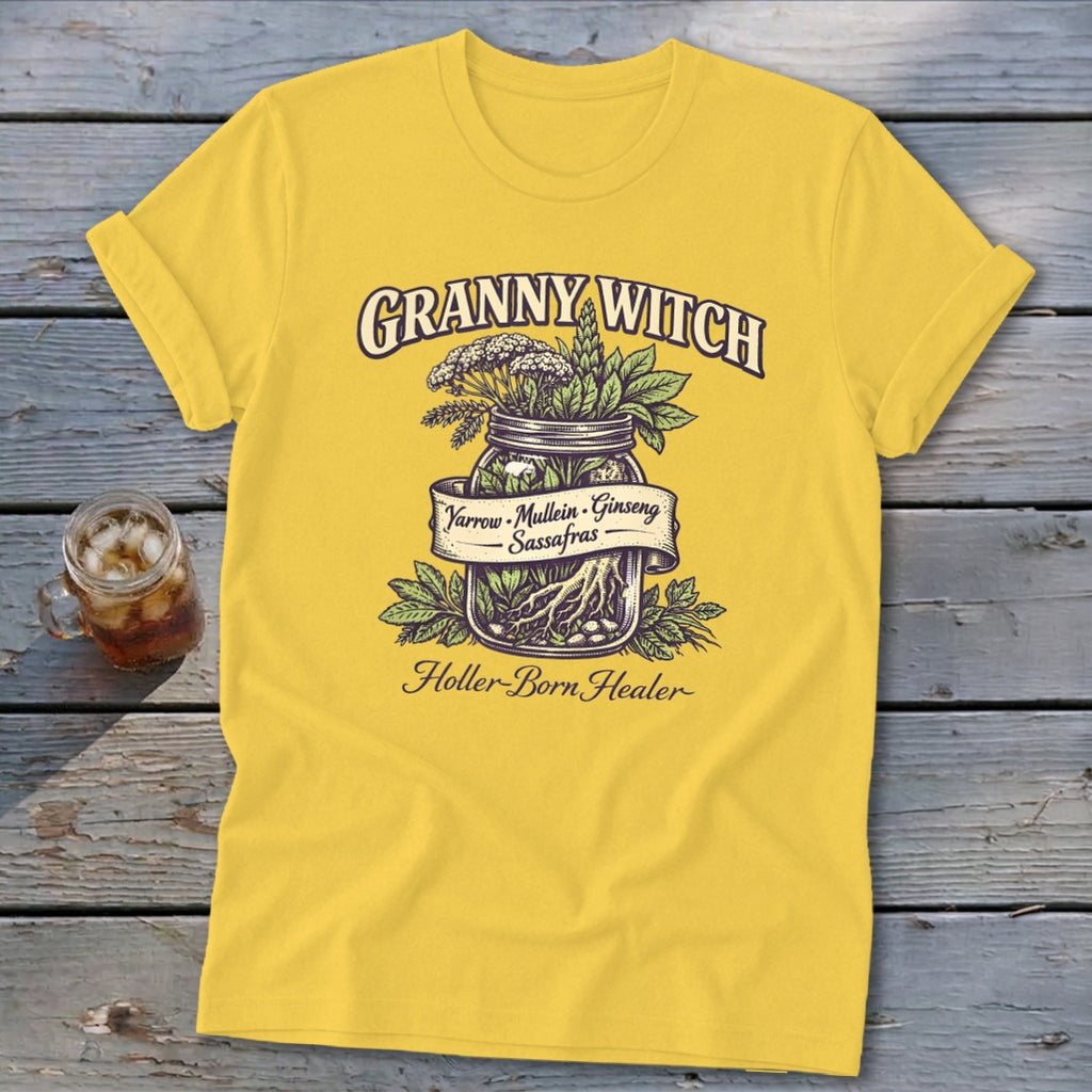 Yellow t-shirt with "Granny Witch Holler-Born Healer" text and a jar of herbs.