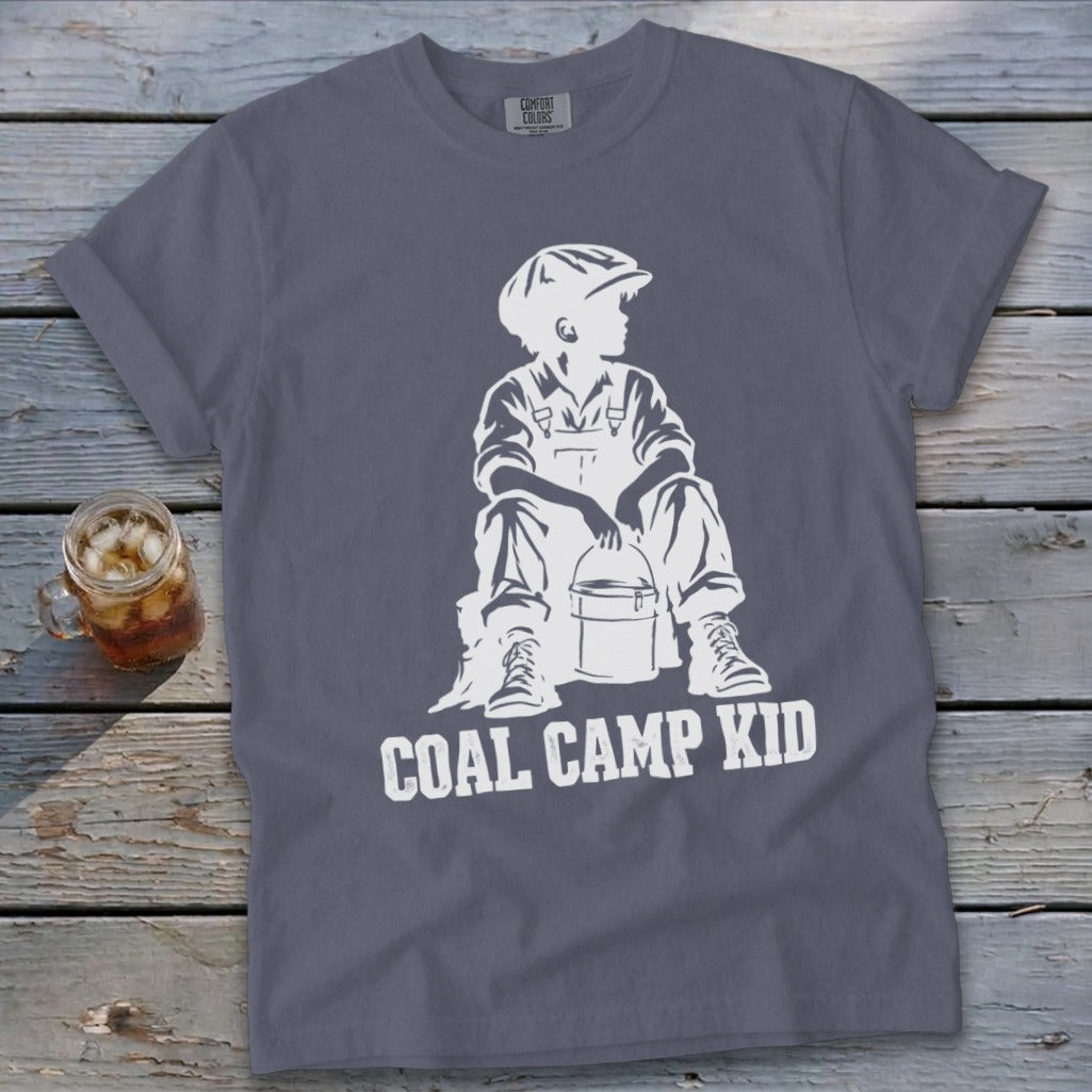 Grey t-shirt with white graphic of a boy in overalls and cap with a bucket, "COAL CAMP KID".