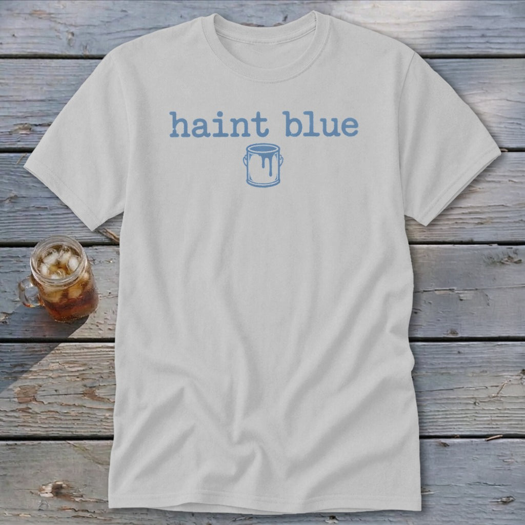 White t-shirt with "haint blue" text and a paint can graphic.