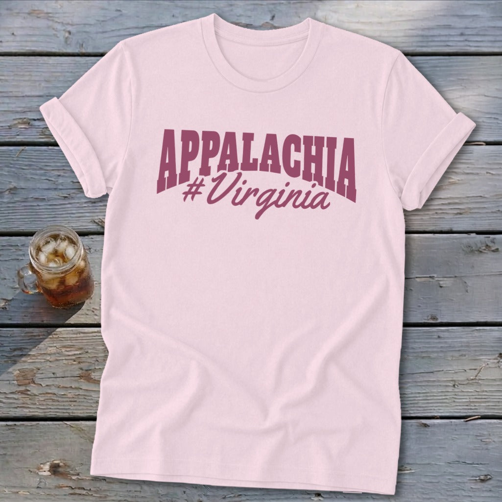 Light pink t-shirt with "APPALACHIA #Virginia" text in dark pink.