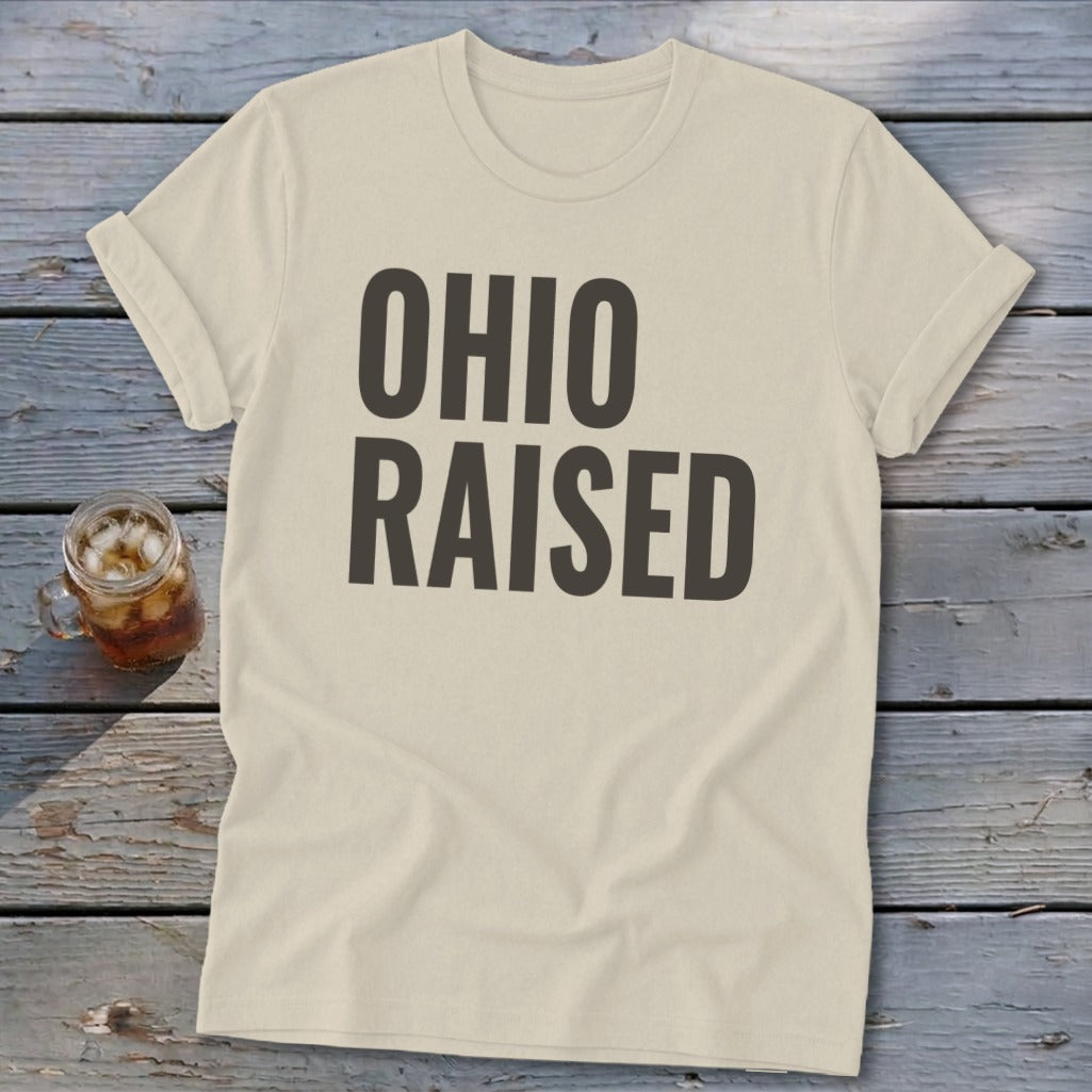 Cream t-shirt with "OHIO RAISED" printed in dark gray block letters.